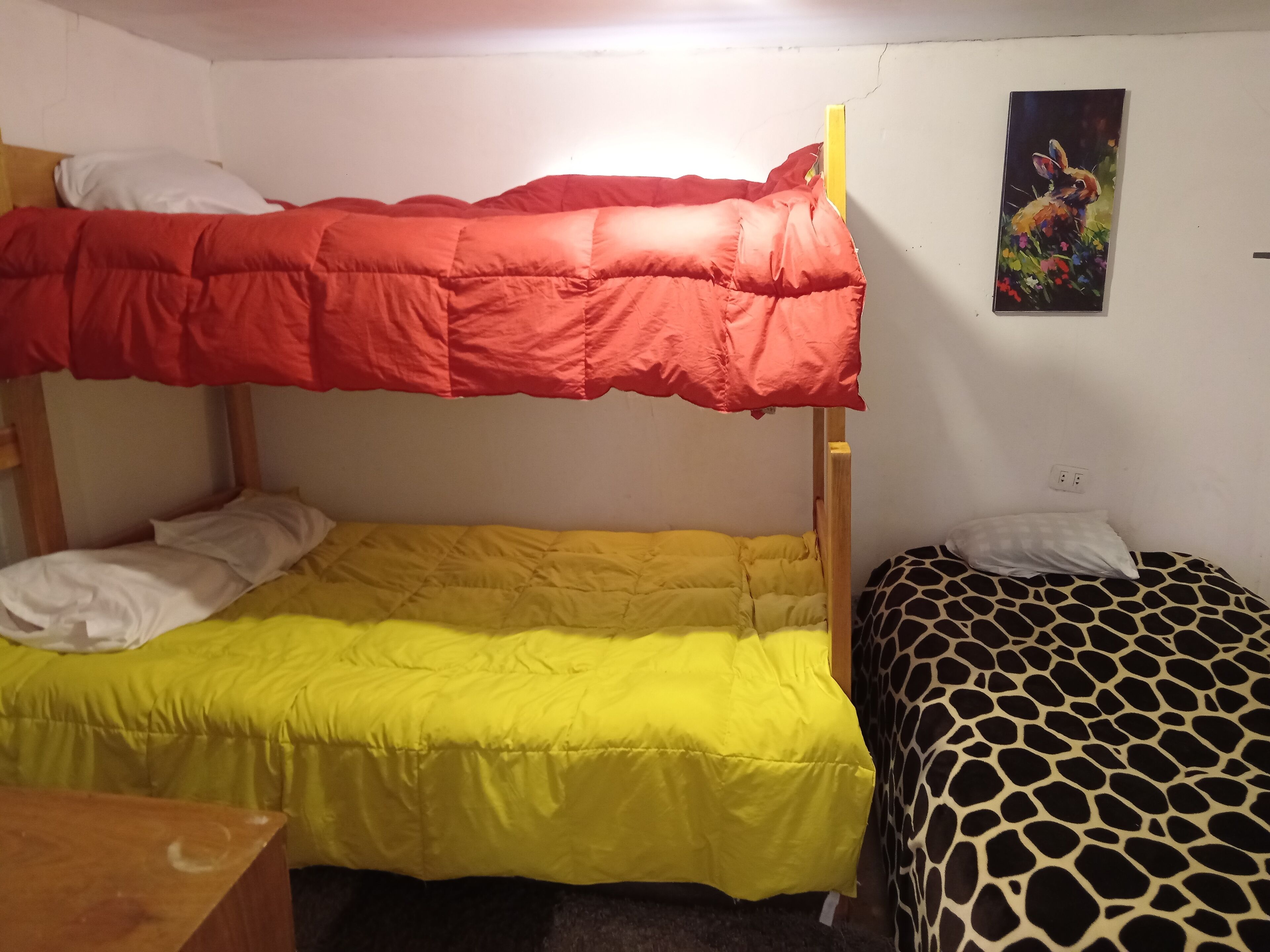 Ein Etagenbett mit rotem oberen und gelbem unteren Bett, ein Bett mit Giraffenmuster rechts daneben und ein Bild an der Wand.