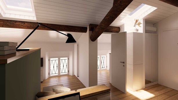 Un dormitori loft modern amb bigues de fusta a la vista, finestrals i un disseny minimalista.