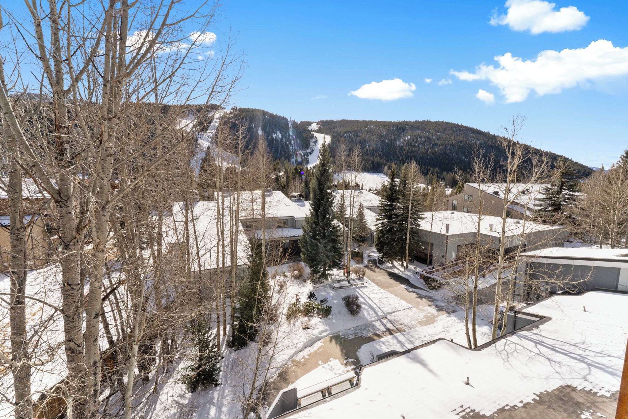 Paisagem coberta de neve com edifícios e árvores.