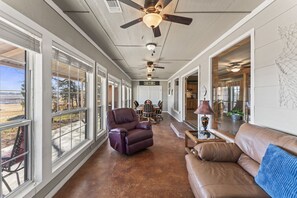TV, fireplace, books