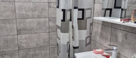 Shower, hair dryer, bidet, towels