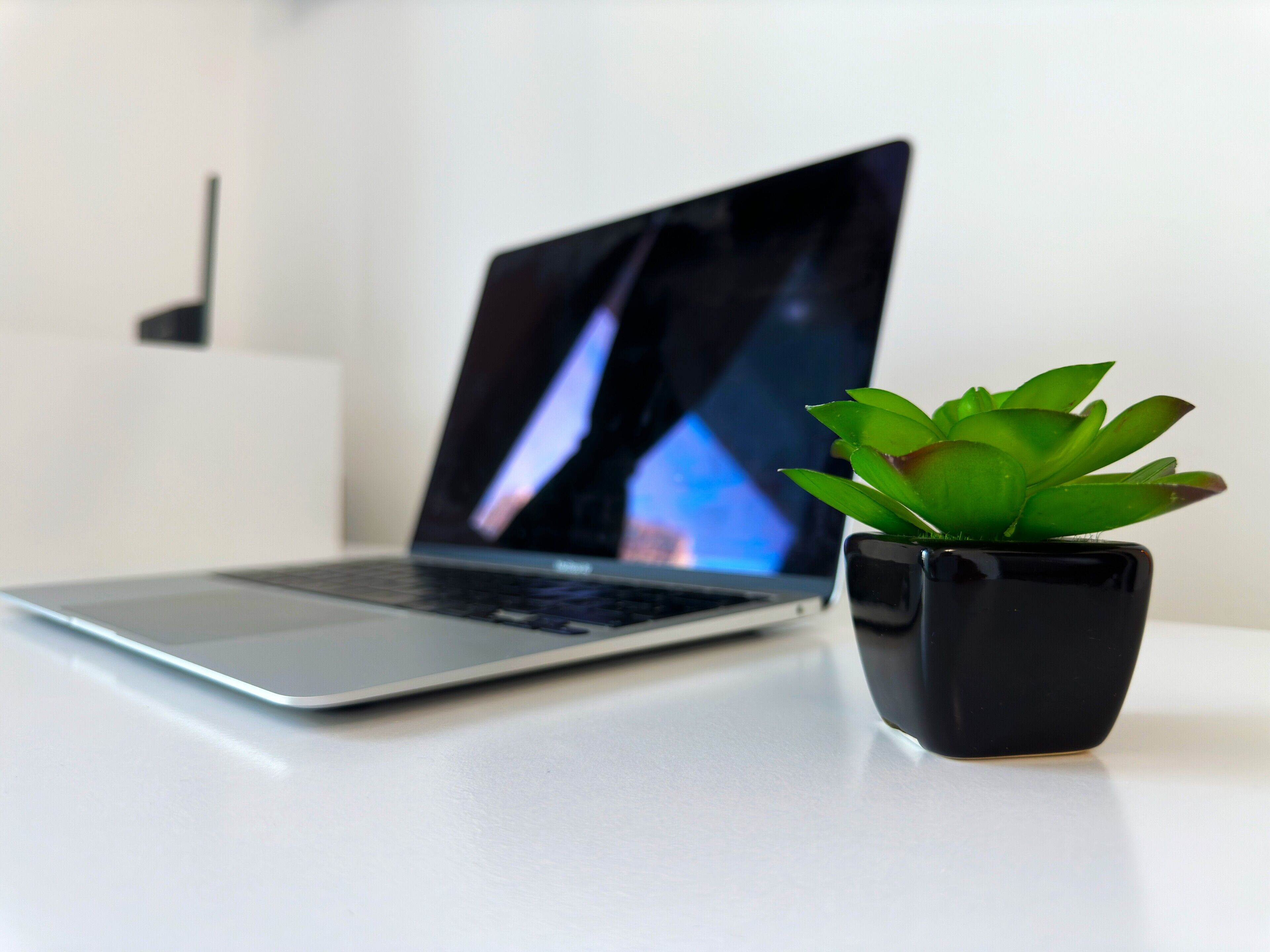 A laptop on a white desk with a small potted plant beside it.