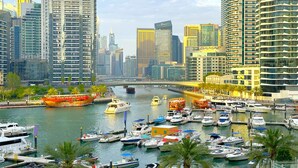 A marina with numerous boats docked, surrounded by high-rise buildings and palm trees. - Luxury Brand New Studio  (Dubai)