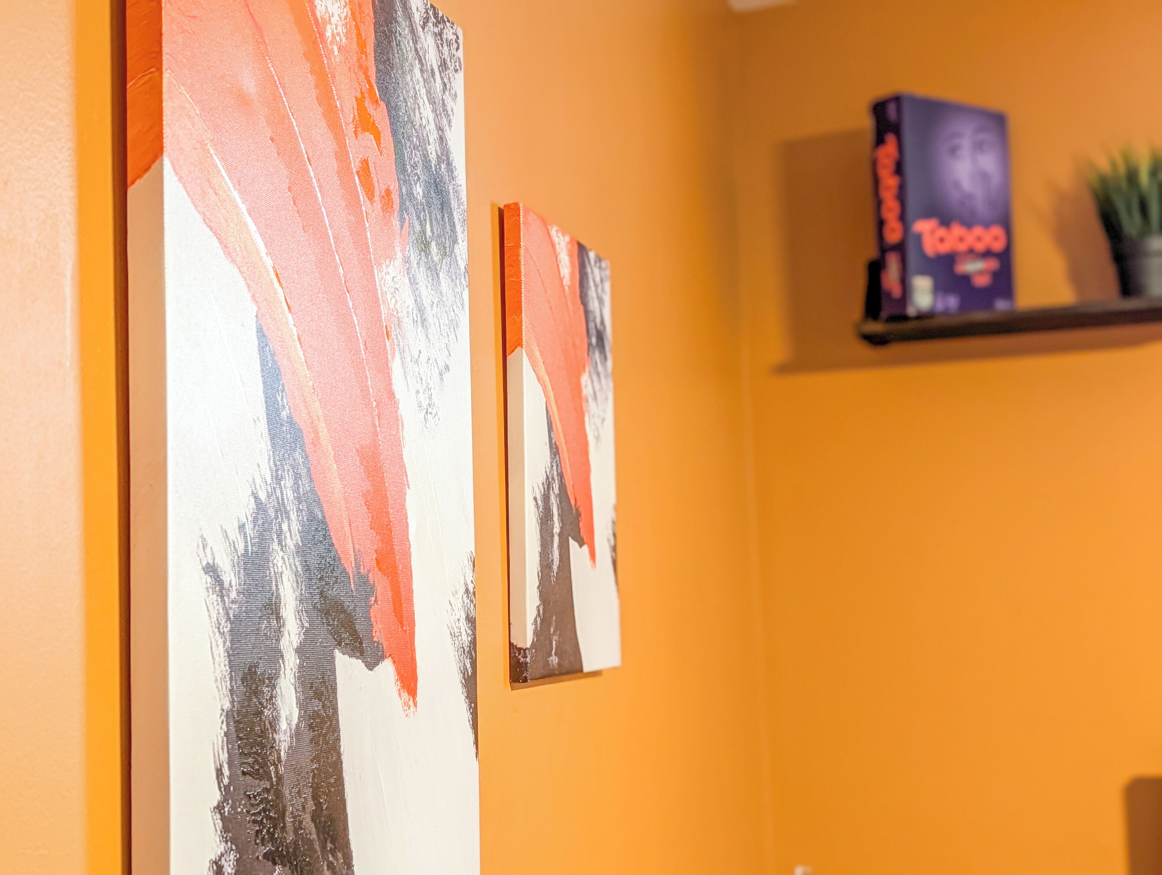 Two abstract paintings on a wall, a shelf with a box labeled 'Taboo,' and a potted plant.