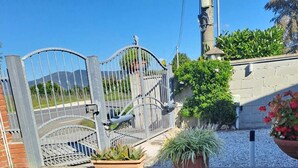 A gated entrance with a metal gate, a brick wall, and a grassy area with potted plants. - At the Gates of Pisa; apartment with garden, pets allowed (Madonna Dell'acqua)