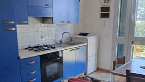 A compact kitchen with blue cabinets, a gas stove, and a sink. There's a patterned sofa with a red cushion and a patterned rug. - At the Gates of Pisa; apartment with garden, pets allowed (Madonna Dell'acqua)
