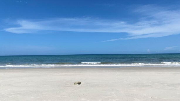 Een strand met een heldere lucht en rustige zee.