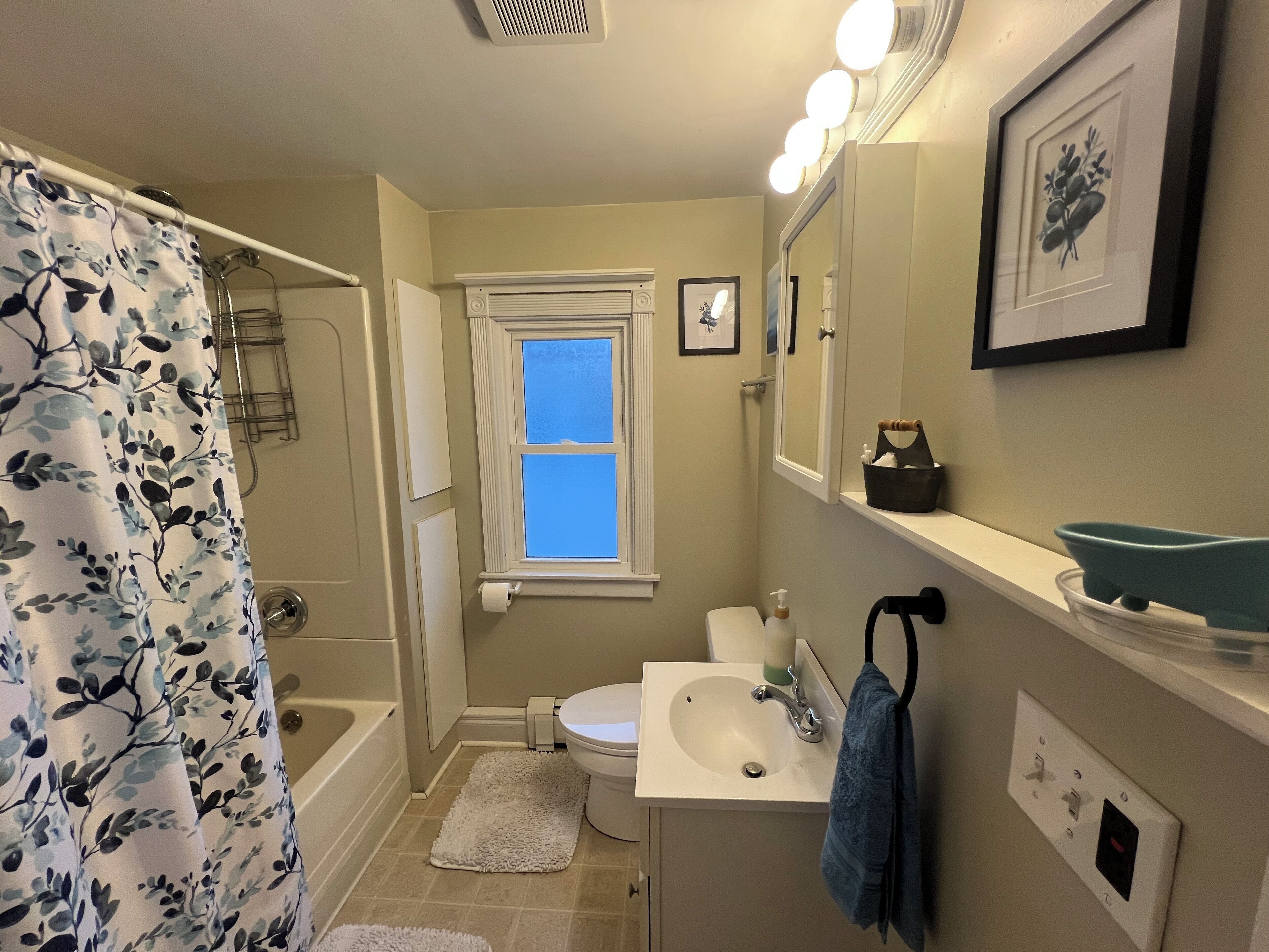 Hair dryer, towels, soap, shampoo