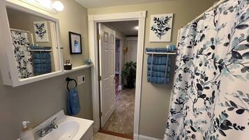 Hair dryer, towels, soap, shampoo