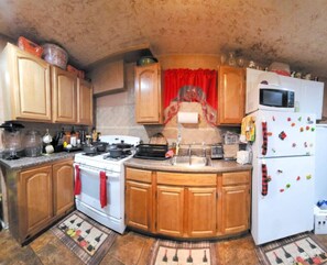 Fridge, microwave, oven, cookware/dishes/utensils