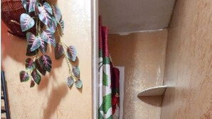 A small bathroom with a toilet, a shower curtain, and a red rug.