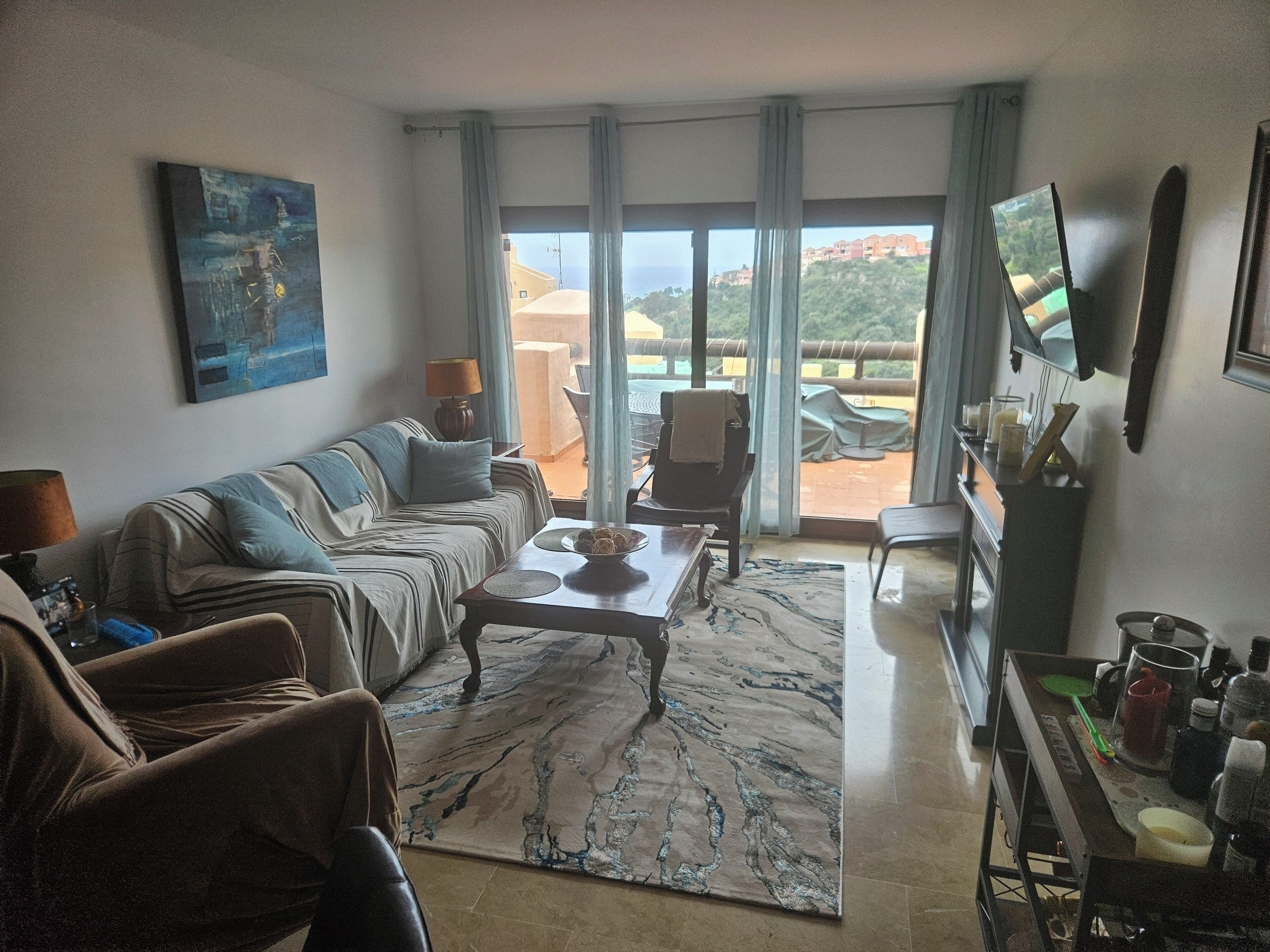 Smart TV, fireplace, books