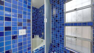 Een douche, een haardroger, handdoeken, shampoo