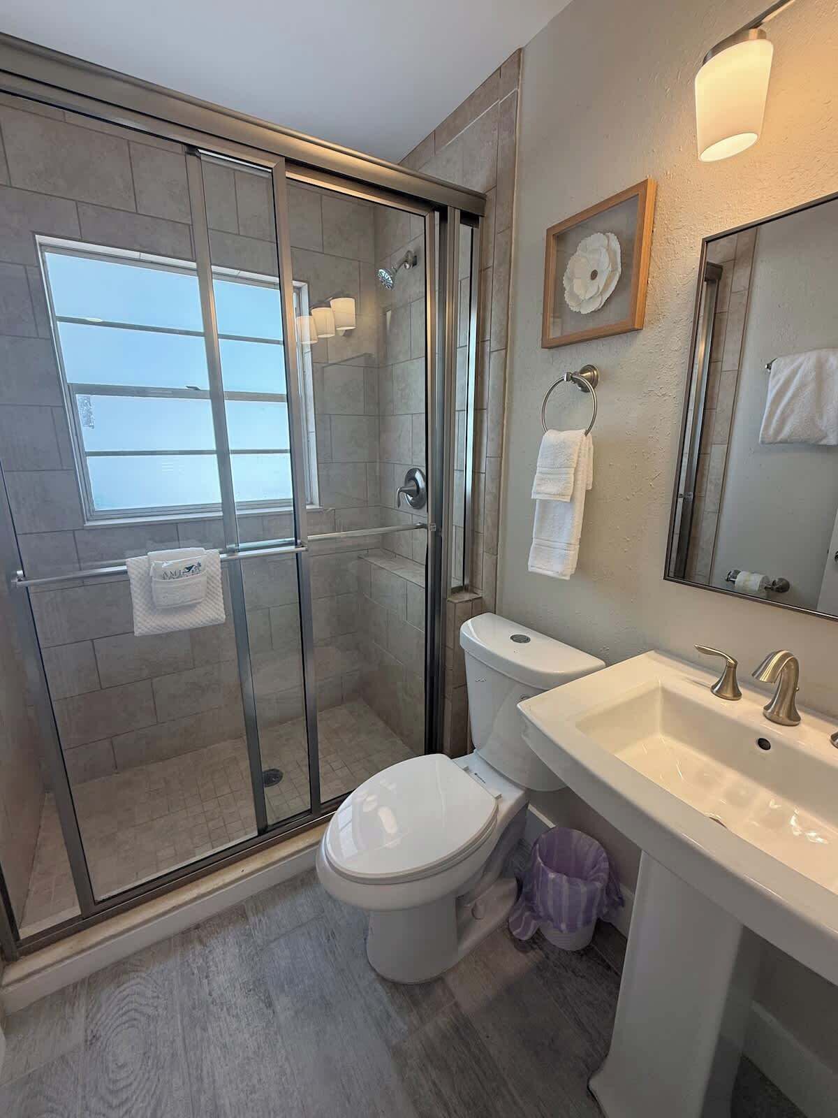Shower, hair dryer, shampoo
