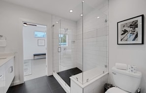 Shower, hair dryer, shampoo