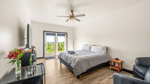 Un dormitorio con cama, escritorio, silla, ventilador de techo y vistas al exterior.