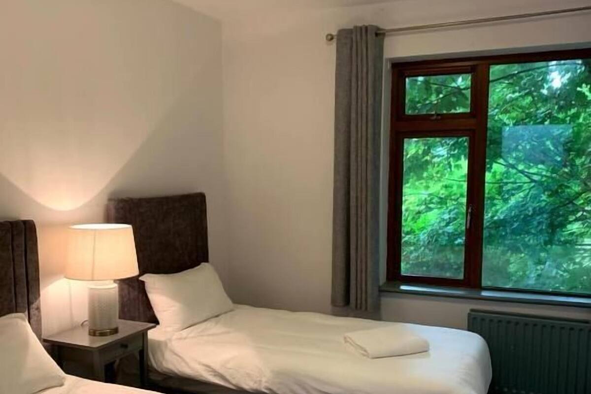 Habitación de hotel con dos camas, una mesita de noche con lámpara, una ventana que da a zonas verdes y una luz en el techo.