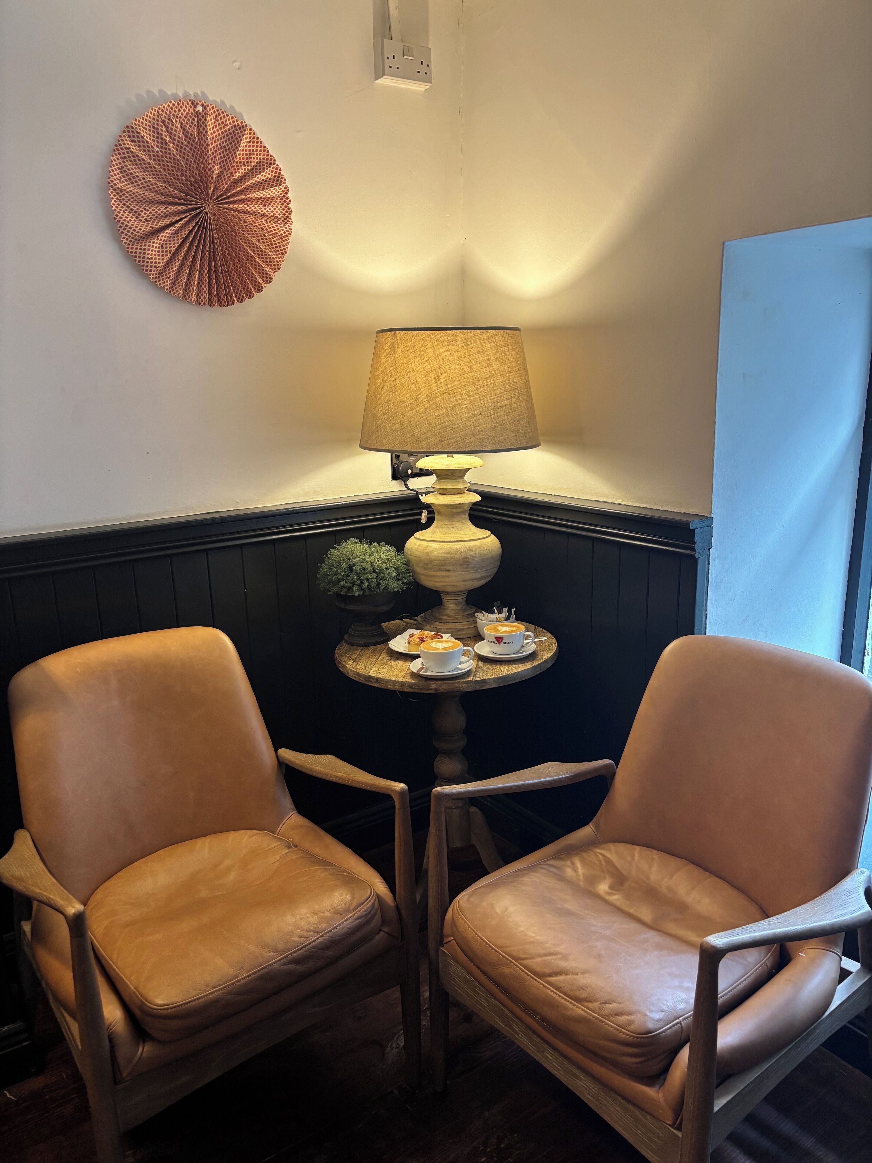 Een zithoek met twee leren stoelen, een bijzettafeltje met een lamp, een decoratieve wandversiering en een potplant.