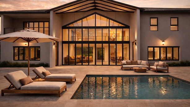Una casa moderna con un amplio frente de vidrio, mobiliario exterior y una piscina.