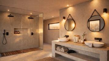 Shower, eco-friendly toiletries, hair dryer, towels