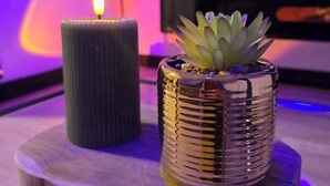 A candle and a succulent plant on a wooden tray. - Quiet apartment Vittel - Near the thermal baths (Norroy)
