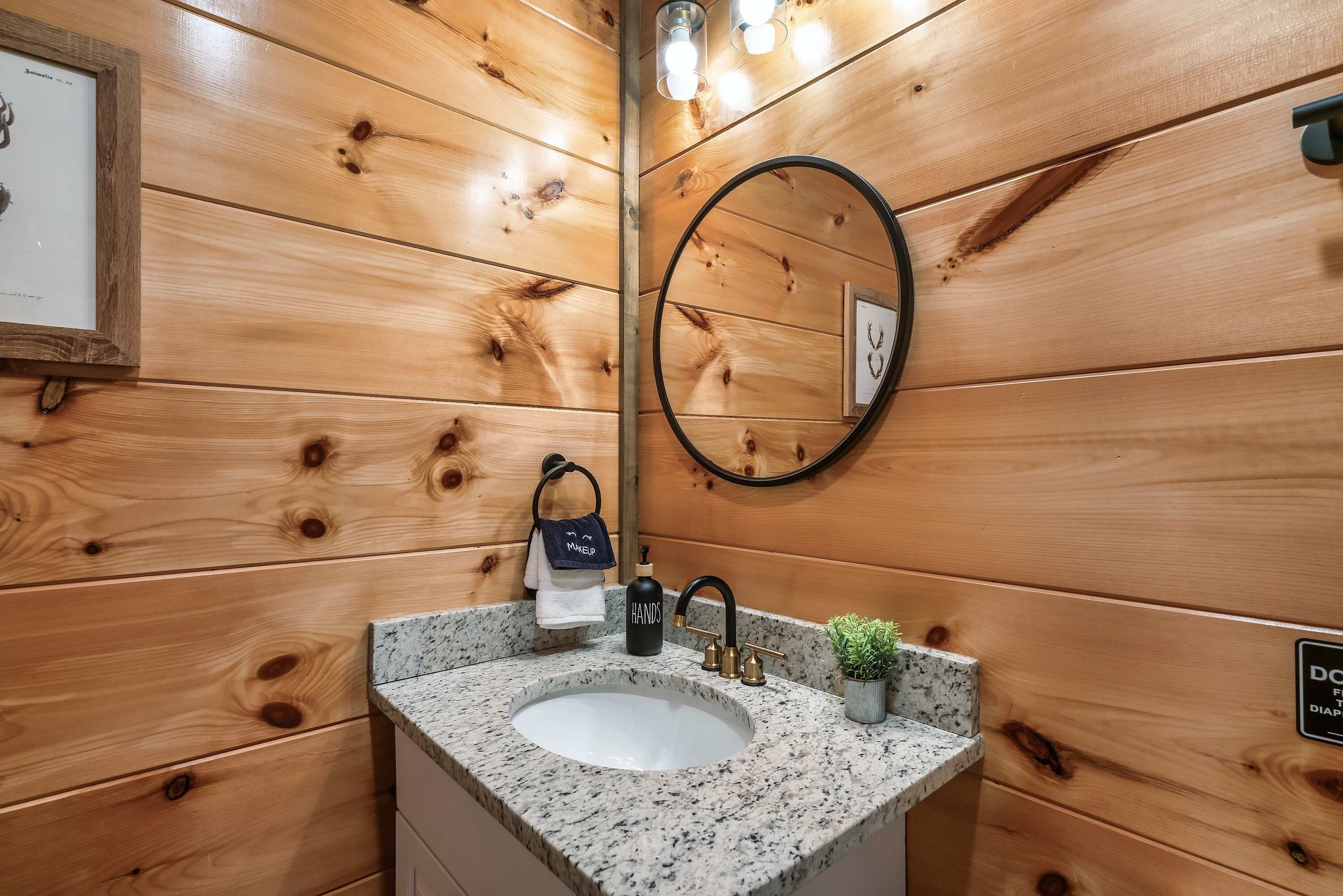 Un bagno con pareti in legno, un lavabo in granito, uno specchio, un asciugamano, un dispenser di sapone e una piccola pianta.