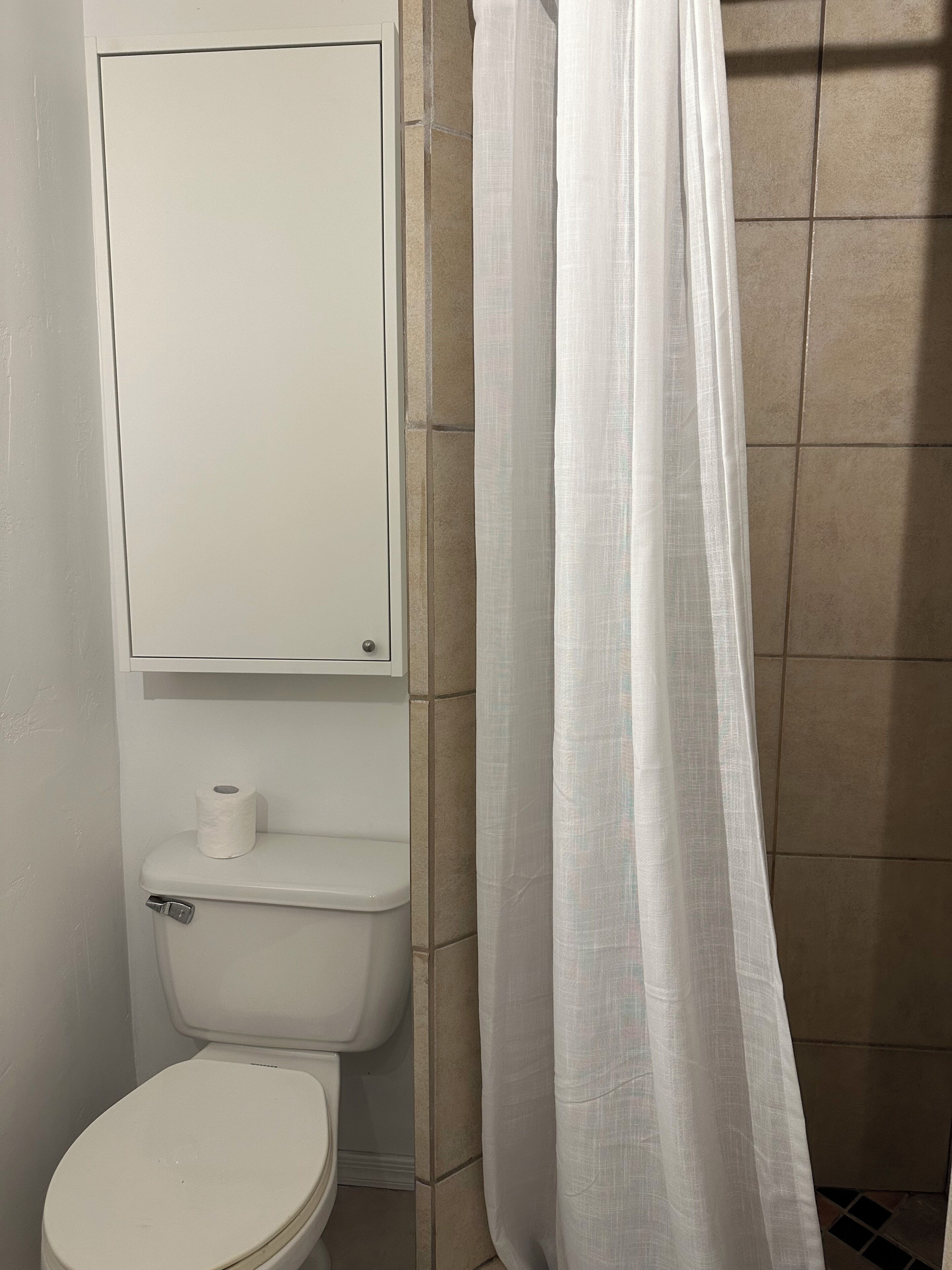A bathroom with a toilet, a cabinet above it, and a shower curtain.