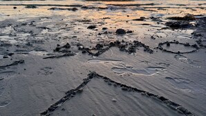 A beach with footprints leading to the water, a sunset in the background, and a person standing in the distance. - Spacious holiday home near beach and nature (Jægerspris)