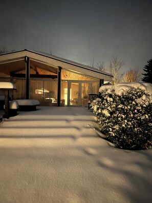 A modern house with a glass entrance, snow-covered ground, and a snow-covered bush.