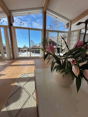 A room with large windows, a wooden floor, a table with a potted plant, and a view of a snowy outdoor area. - Spacious holiday home near beach and nature (Jægerspris)