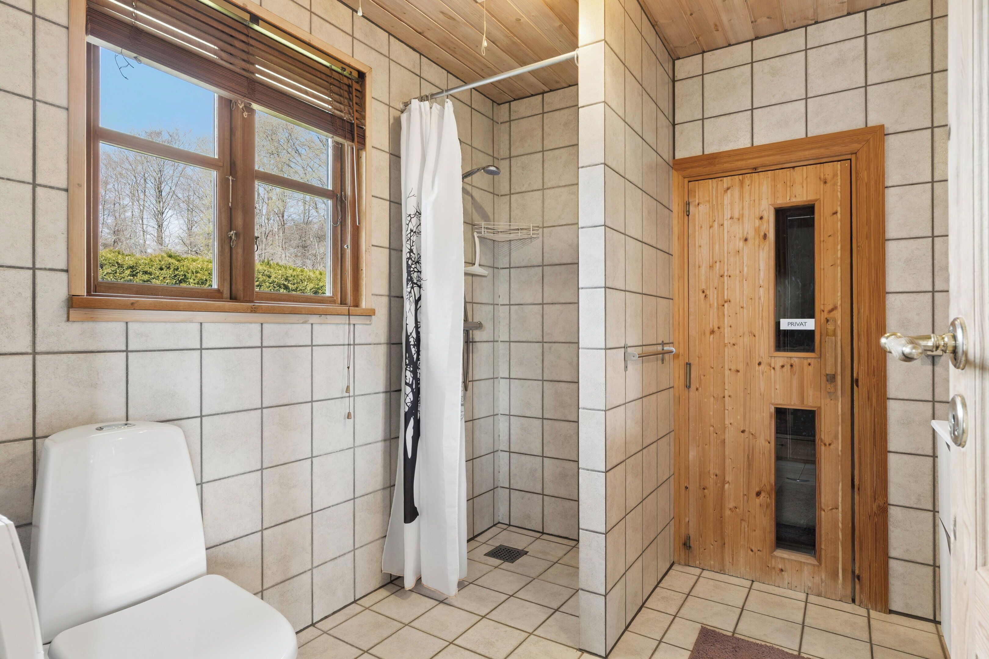 Une salle de bain avec douche, toilettes et fenêtre.