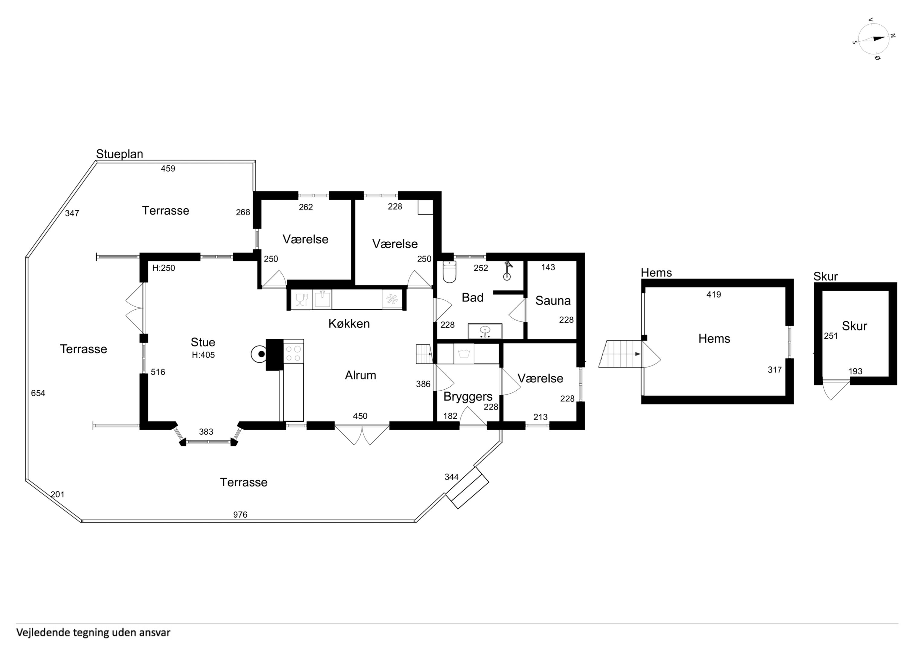 Un plano de planta que muestra varias habitaciones, incluyendo una cocina, comedor y dormitorios.