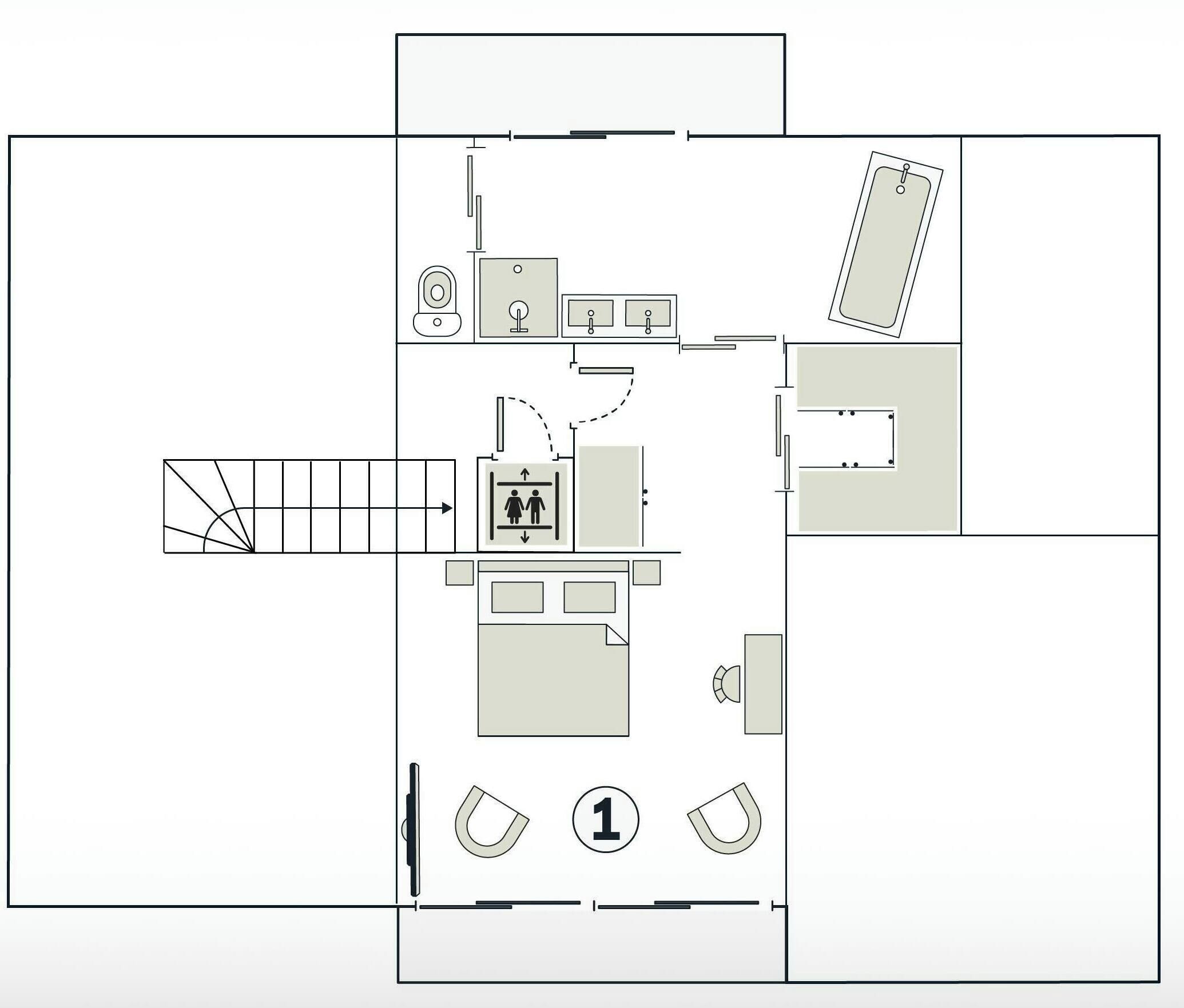 Plano de planta que muestra un baño, una kitchenette, una zona de estar y un pequeño despacho.