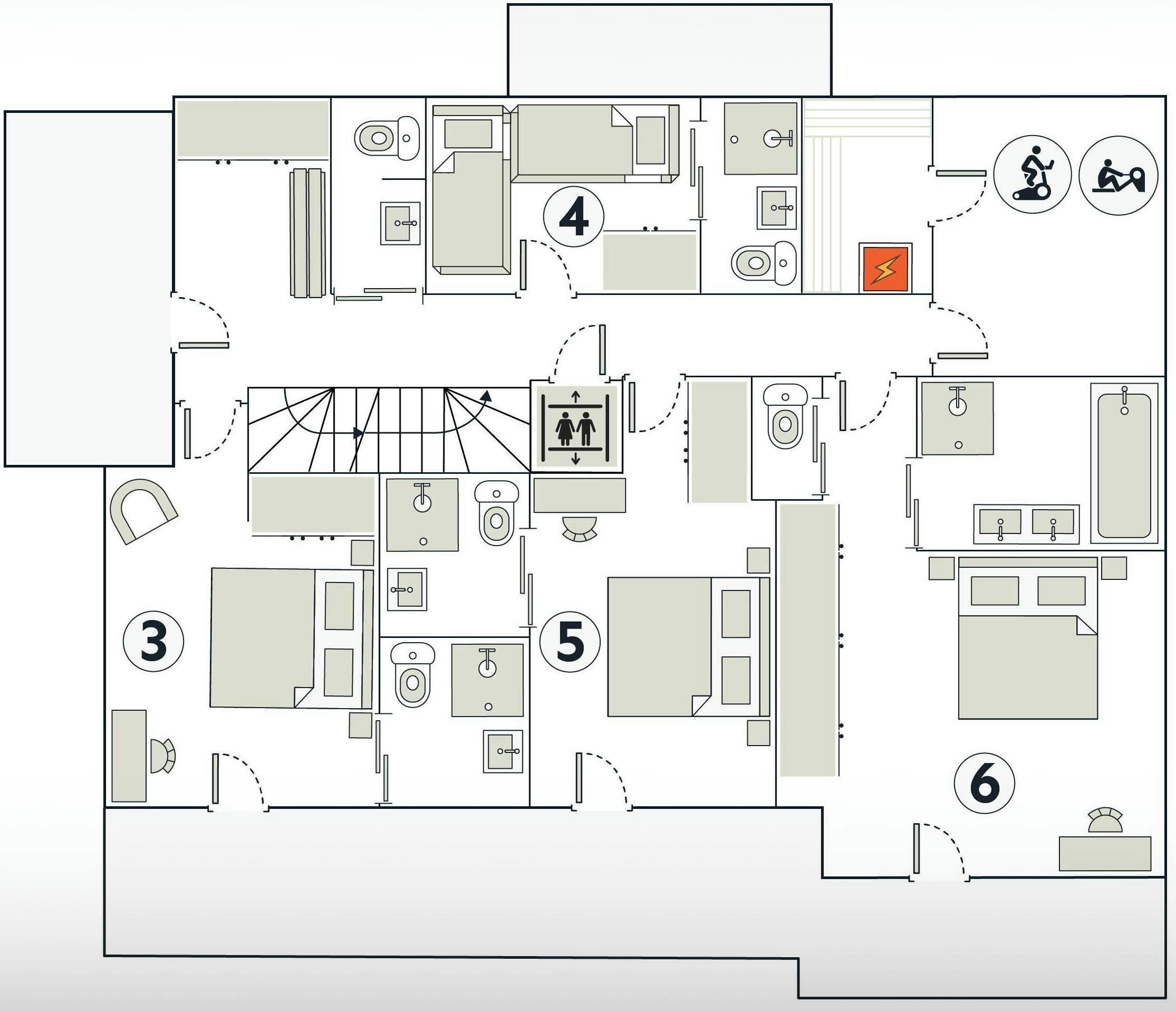 Un plano de planta que muestra seis habitaciones numeradas, incluyendo un baño con ducha, una cocina y un comedor.