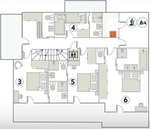 A floor plan with six numbered rooms, including a bathroom with a shower, a kitchen, and a dining area.