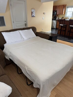 Une chambre avec un lit, un canapé, un coin cuisine et une porte.
