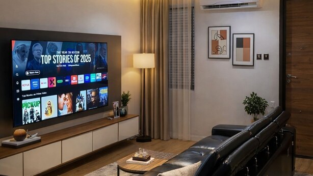 A modern living room with a curved black leather sofa, a flat-screen TV displaying 'Top Stories of 2025', a mounted air conditioner, and a minimalist decor. - Hibernate - 2 Bedroom Apartment - VI (Lagos)