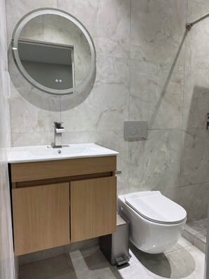 Hair dryer, towels, soap, toilet paper