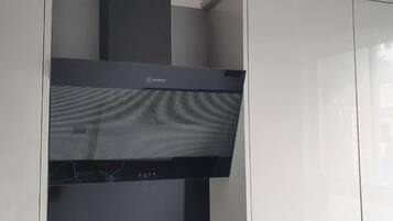 A modern kitchen with a built-in induction cooktop and a stainless steel range hood.