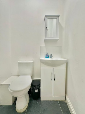 Ein kleines Badezimmer mit Toilette, Waschbecken und einem Schrank.