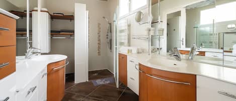 Shower, hair dryer, towels