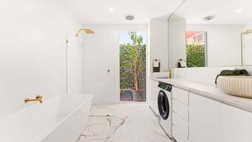 Hair dryer, soap, shampoo, toilet paper
