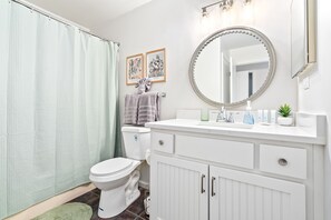 Hair dryer, towels, soap, shampoo