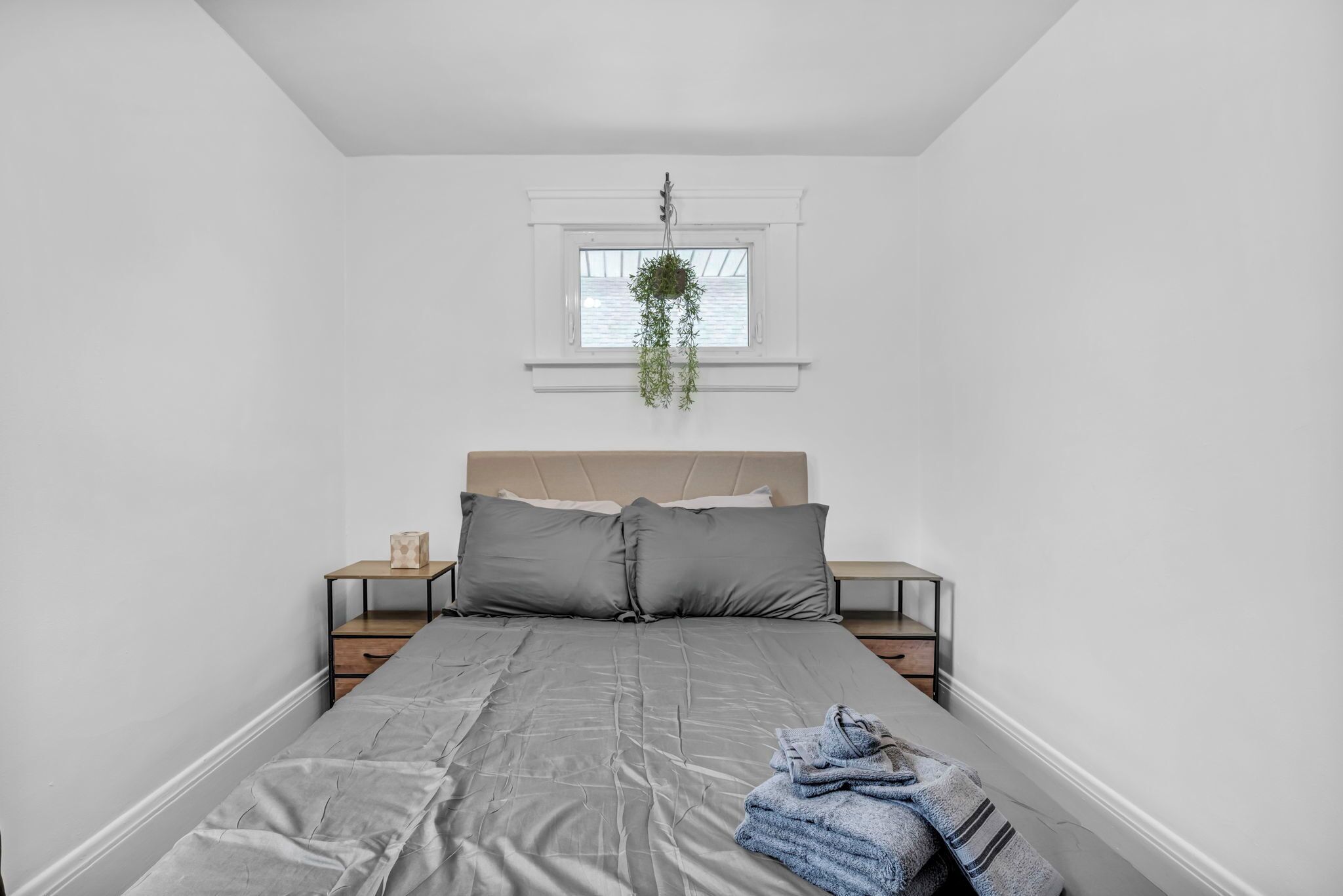 Une chambre à coucher avec un lit, deux tables de chevet, une plante suspendue et une fenêtre.