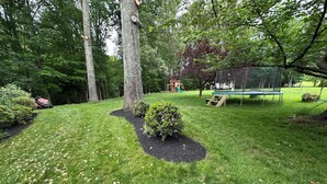 A well-maintained grassy area with a small garden bed, a playground with a slide, and a trampoline. - The SoMD Diamond House (Mechanicsville)