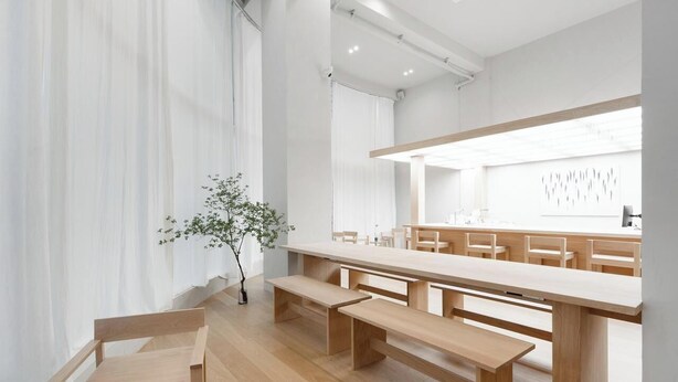 Una habitación moderna y minimalista con muebles de madera, una mesa grande y una planta.