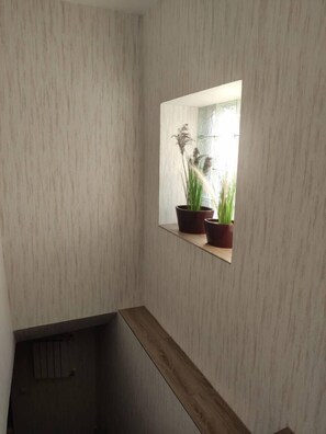Un interior moderno con una escalera de madera, un ventanal con vistas a la vegetación y un espejo que refleja el ventanal.