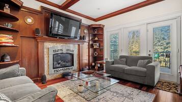 Télévision, cheminée, livres