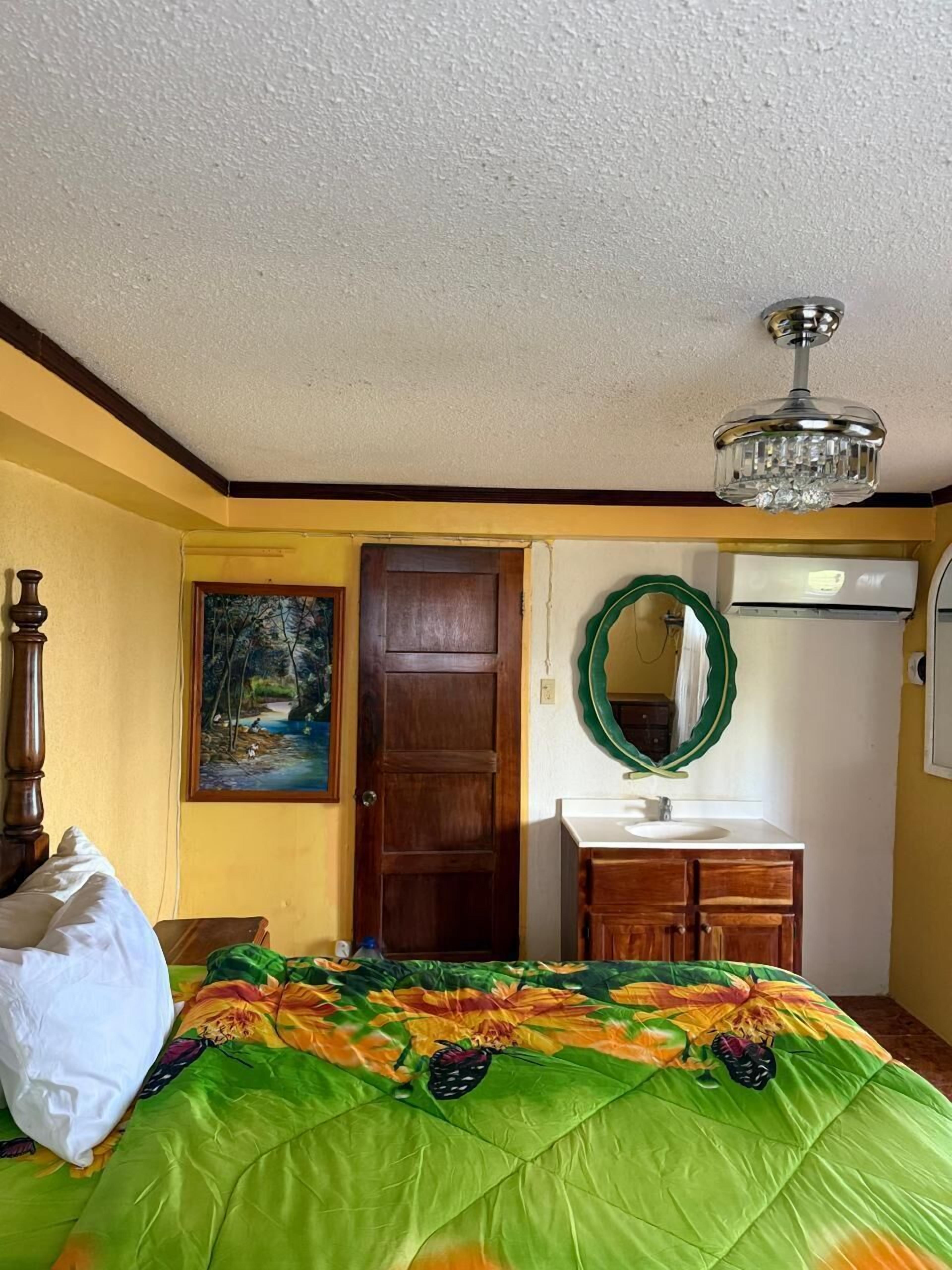 Een slaapkamer met een bed, een houten deur, een schilderij, een spiegel, een kroonluchter en een badkamer met een wastafel en meubel.
