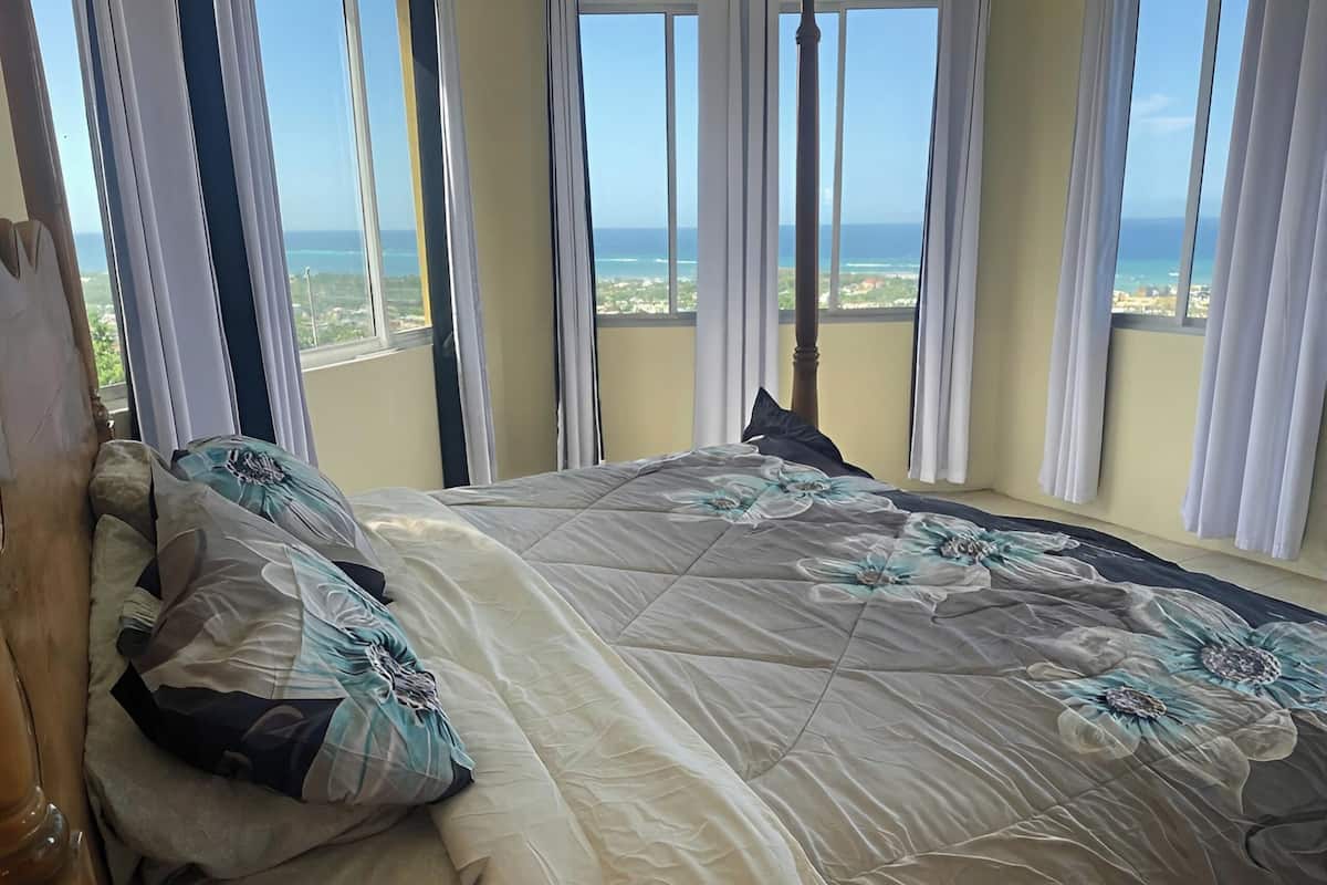 Un dormitorio con una cama grande, varias ventanas y vista al océano.